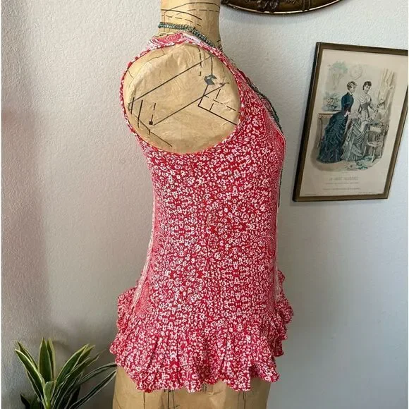 Ava Christine Red White Paisley Floral Ruffle Hem Sleeveless Blouse sz XS - Picture 7 of 9